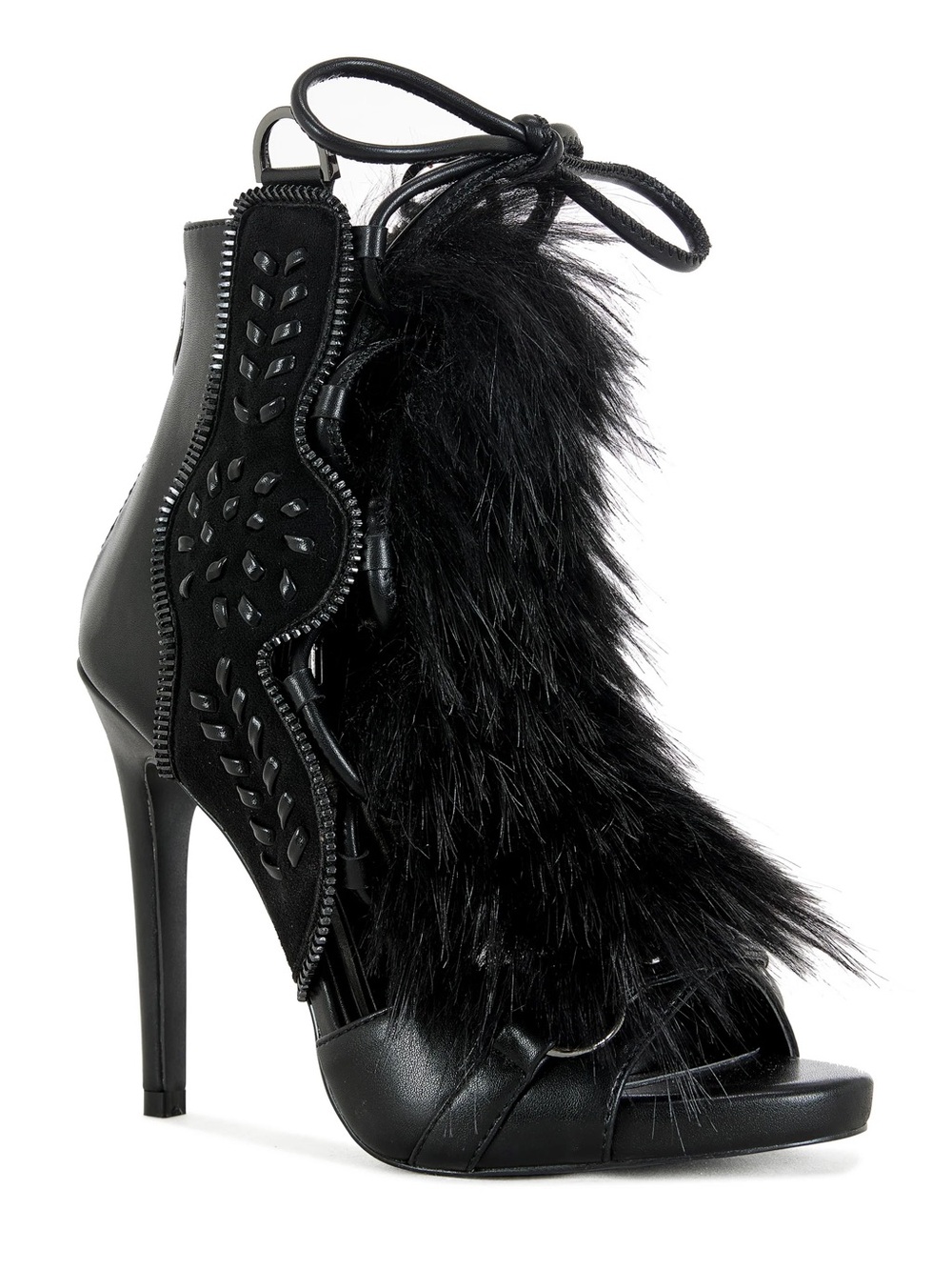 Women's Black Faux-Fur High Heel Ankle Sandal with Lace Tie